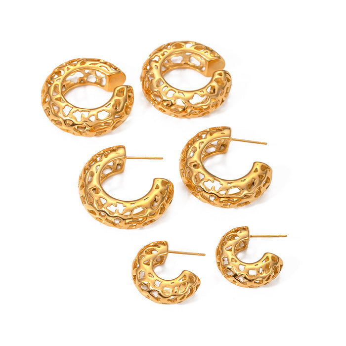 New 18K Gold Stainless Steel Hollow C-Shaped Earrings - Stylish Unique Women's Gift Jewelry