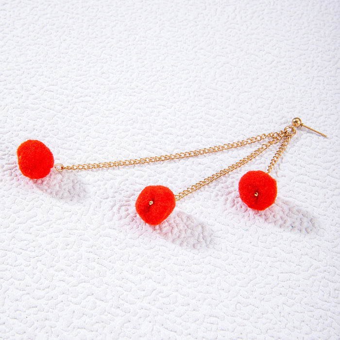 Retro red tassel wool ball earrings autumn and winter velvet ball earrings