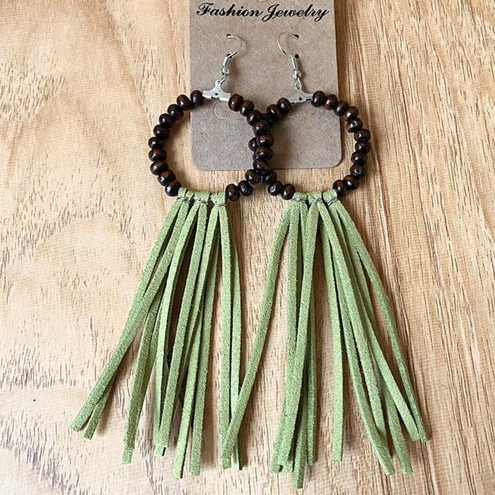 Bohemian Wood Bead Tassel Earrings with Unique Design