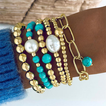 Turquoise Bead Bracelet Set with Bohemian Multilayer Design - Six Pieces