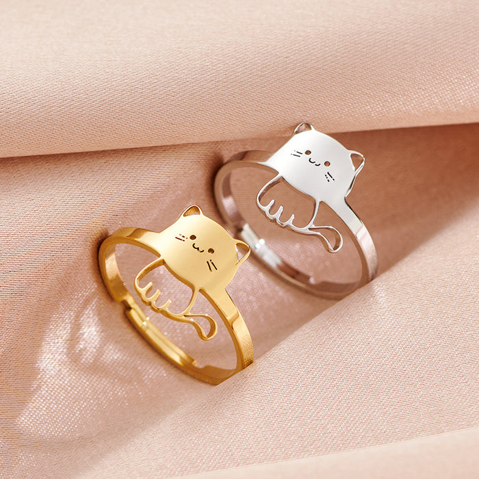 Fashionable cat open ring, stainless steel Japanese cute pet ring wholesale