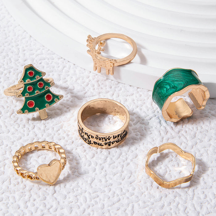 Festive Christmas Tree and Reindeer Ring Set - 6-Piece Holiday Alloy Rings