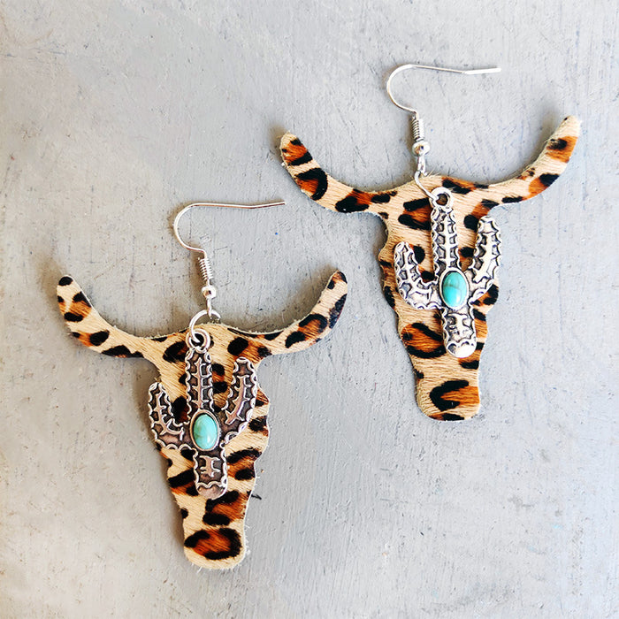 Classic Leopard Print Bullhead Earrings with Cowhide Leather and Cactus Design