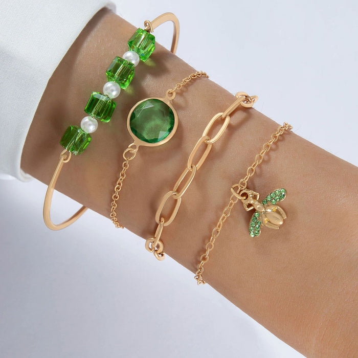 Green Rhinestone Bee Bracelet Set - Fashionable Water Drop Chain Beaded Jewelry