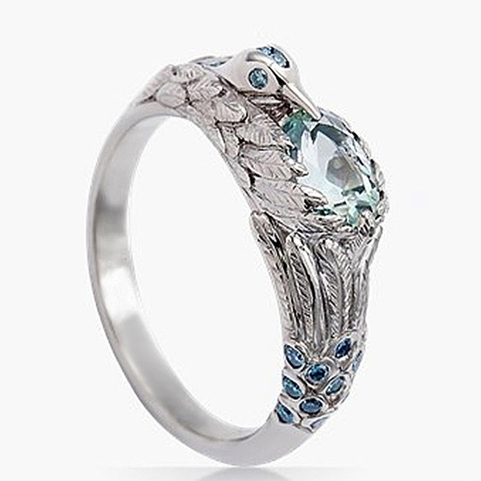 Creative hummingbird shape micro-inlaid aquamarine zircon ring, popular birthday gift accessories