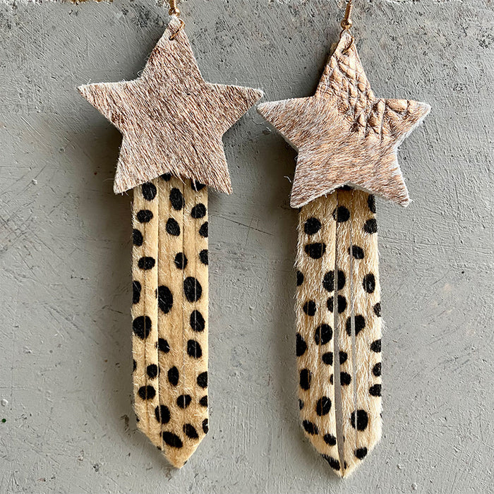 Creative Western Leather Leopard Print Earrings with Star Tassel Design