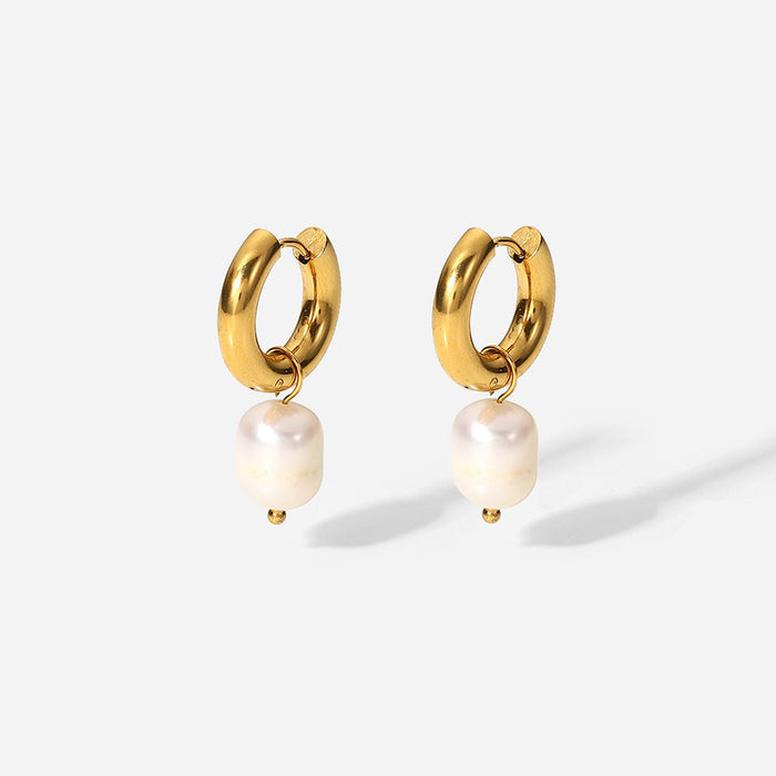 European Minimalist 18K Gold Stainless Steel Earrings - Natural Freshwater Pearl Pendant Hoop Earrings