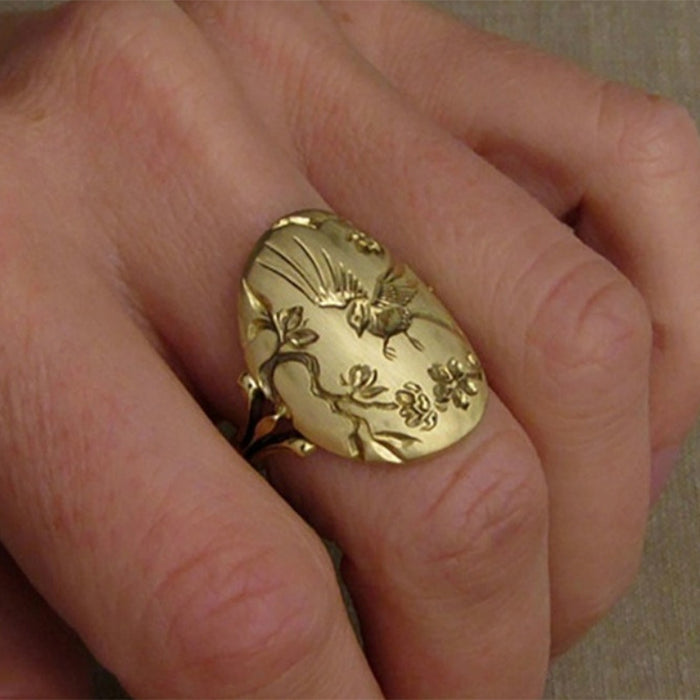 Creative Birdsong and Flowers Copper Ring embossed carving couple ring