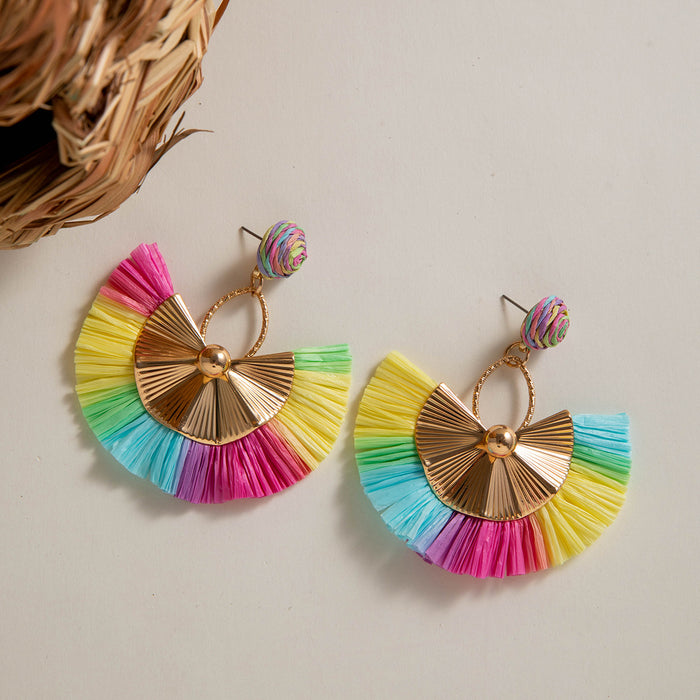 Bohemian fan-shaped tassel earrings woven raffia holiday earrings