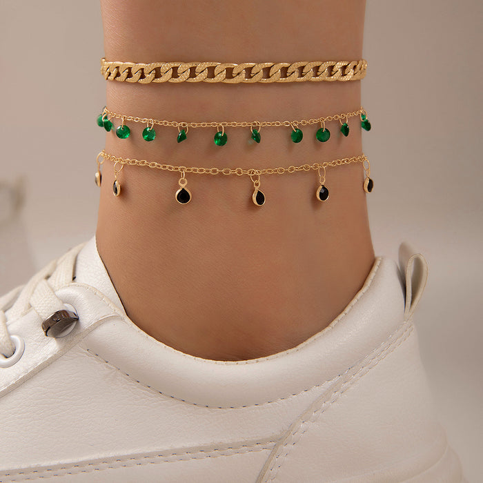 Green Rhinestone Tassel Anklet Set - Multilayer Geometric Jewelry