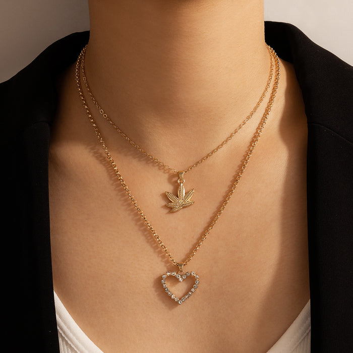 Diamond Heart Double Layer Necklace with Geometric Maple Leaf Multi-Layer Design