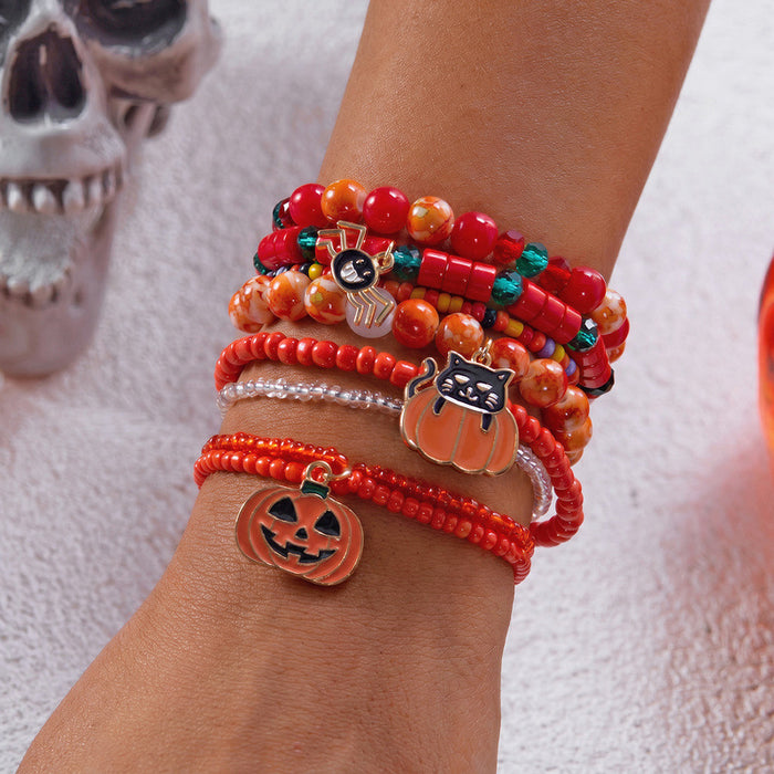 Wholesale Halloween Stackable Polymer Clay Bracelet Sets - Spooky Pumpkin, Ghost & Skull Spelled Beaded Stretch Bracelets