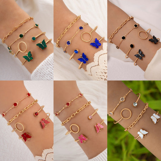 Butterfly and Gemstone Bracelet Set – Four-Layer Geometric Jewelry