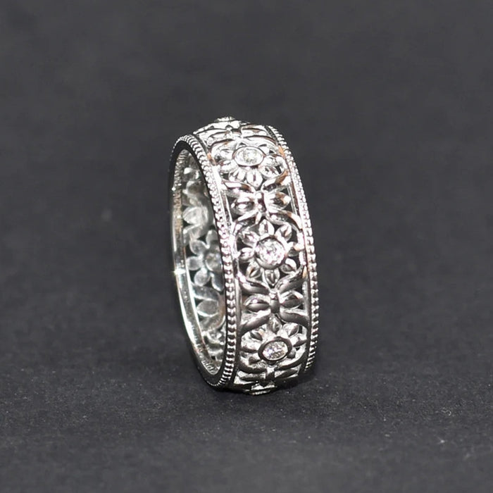 Vintage carved auspicious flower ring Classical wide version Miao ring