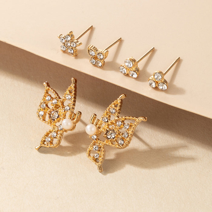 Butterfly full diamond multi-hole earring combination personality trendy set