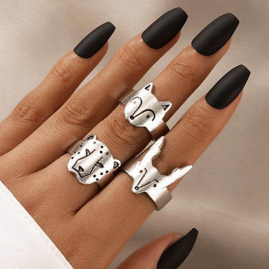 Simple punk style fox leopard ring three-piece animal design combination