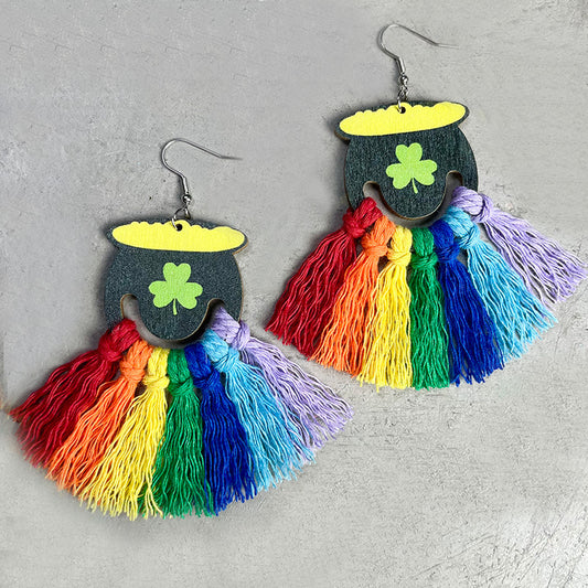 St. Patrick's Day Tassel Earrings with Rainbow and Clover Design