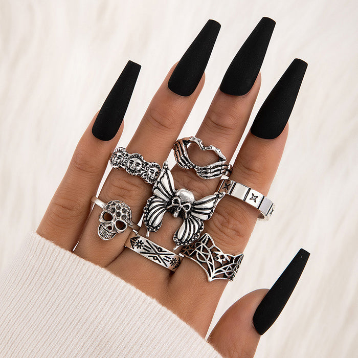 Gothic Skull Ring Set - 8-Piece Animal and Heart Rings for Women