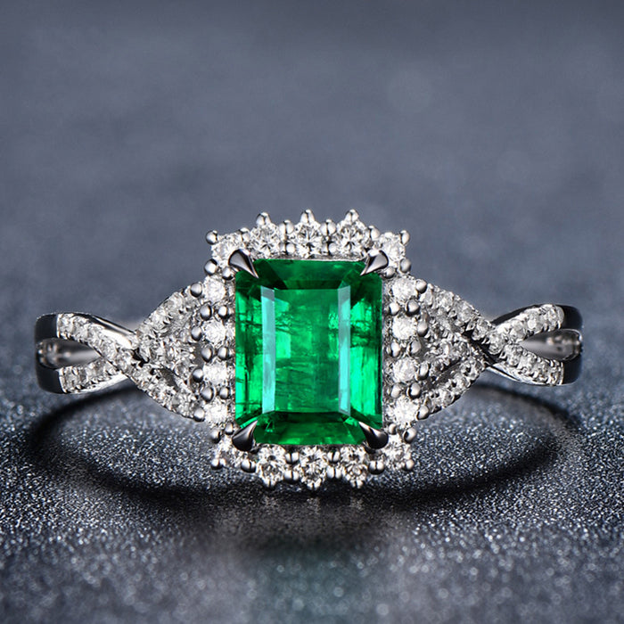 Anillo de lujo con circonita cuadrada verde esmeralda chapado en platino para mujer