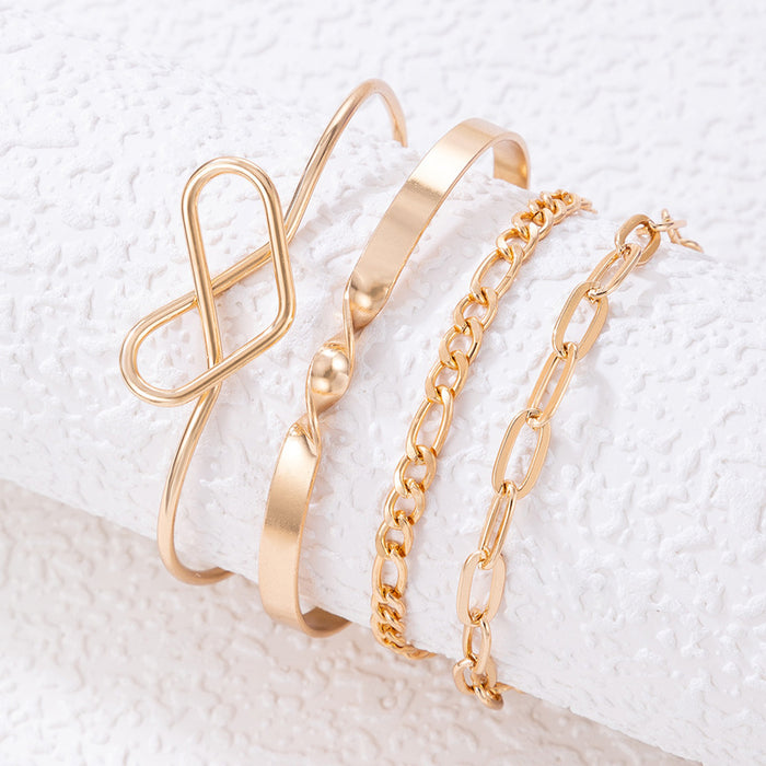 Simple Heart Open Cuff Four-Piece Bracelet Set with Geometric Chains