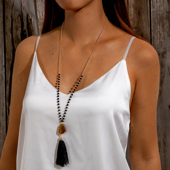 Geometric Beaded Long Necklace with Tassel Pendant