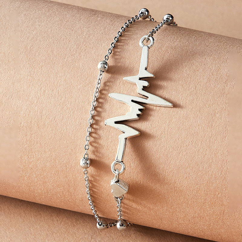 Heartbeat Metal Double Layer Anklet with Irregular Bead Silver Multi-Layer Chain