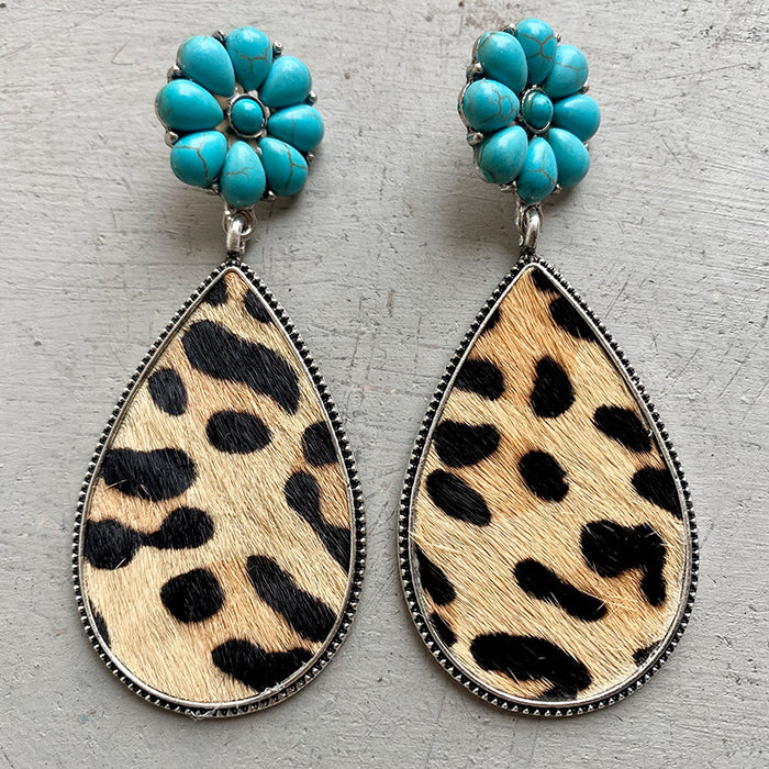 Western Animal Print Leather Earrings with Bohemian Style and Turquoise Pumpkin Flower Design