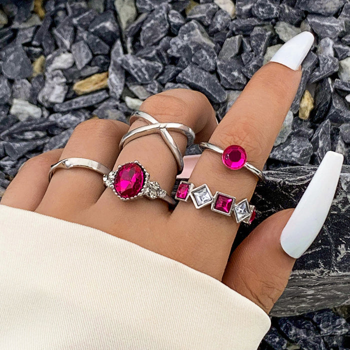 Luxury Gemstone Rhinestone Ring Set - Retro Geometric Open Five-Piece Set