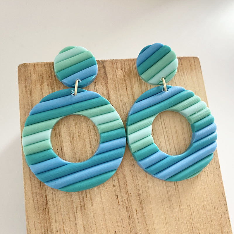 Handmade Rainbow Stripe Clay Earrings - Multicolor Geometric Hoop Design