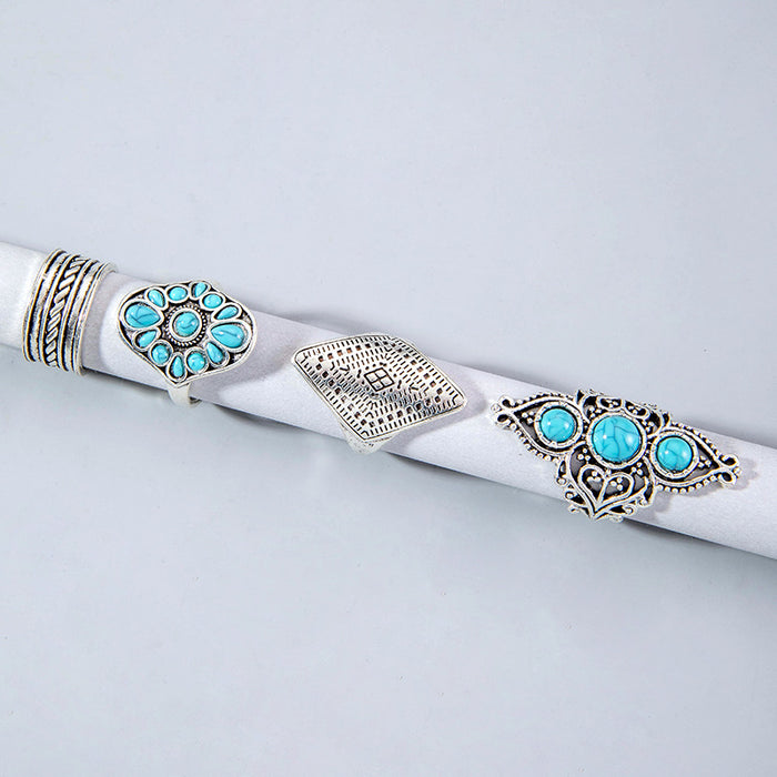 Vintage Turquoise Ring Set - 4pcs Ethnic Style Wheat Pattern Rings