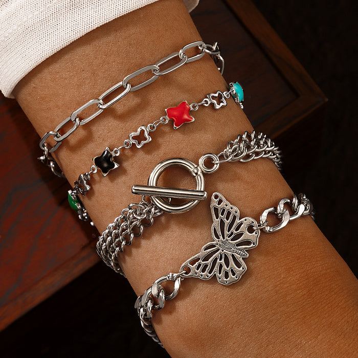 Butterfly Multi-Layer Bracelet Set with Geometric Chain Design