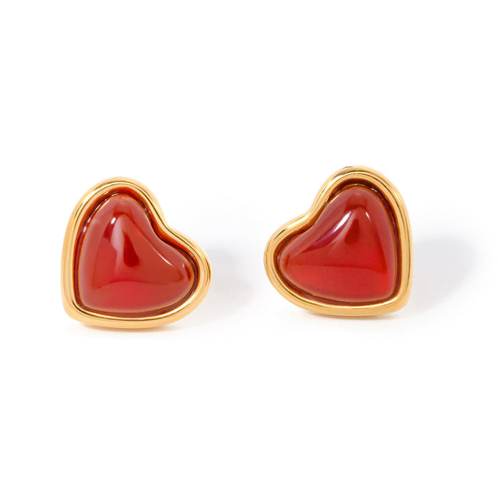 Pendientes de acero inoxidable chapados en oro de 18 quilates con forma de corazón rojo: joyería de moda para mujer