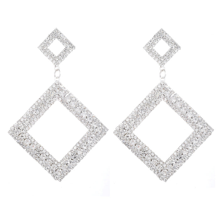 Fashionable Square Rhinestone Earrings - Geometric Studs with Tassel Dangles