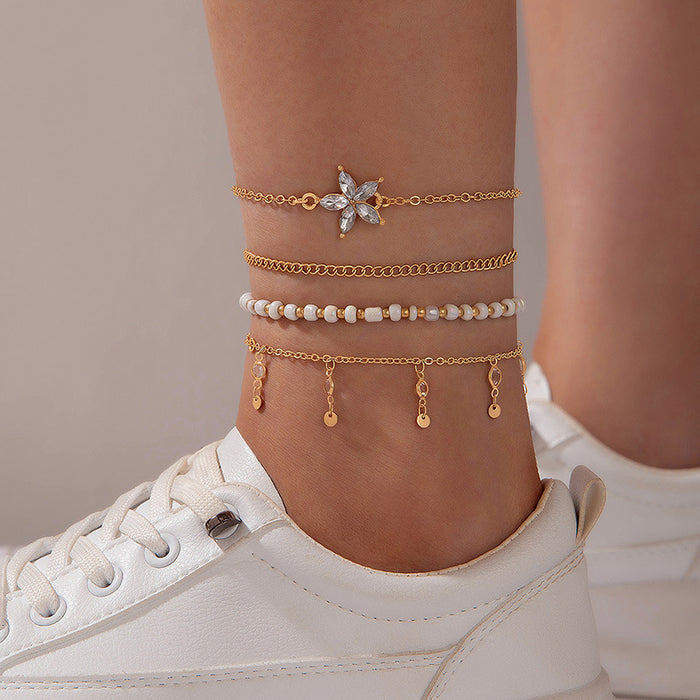 Minimalist Multi-Layered Heart Anklet Set – Rhinestones for a Chic Fashion Look