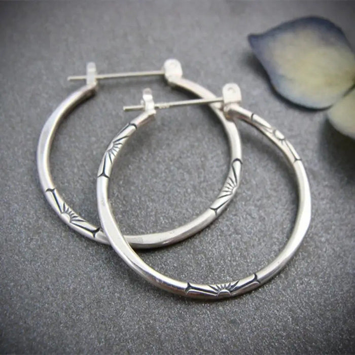 Antique silver hoop earrings, palace flower earrings