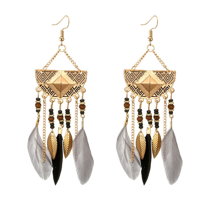 Ethnic style feather long earrings gold leaf round bead earrings