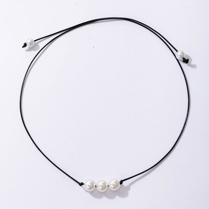 Faux Pearl Black Leather Cord Necklace – Minimalist Three-Pearl Pendant