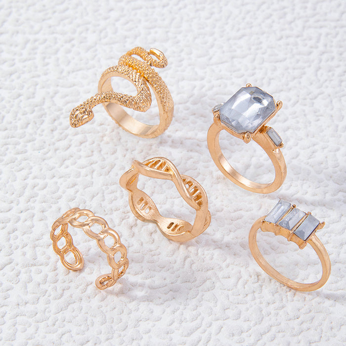 Hip-Hop Snake Ring Set - Creative Geometric Rhinestone Gemstone Five-Piece Set