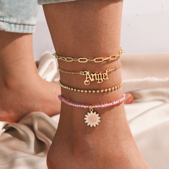 Daisy Enamel Beaded Anklet Set with Geometric Letter Quadruple-Layer Design