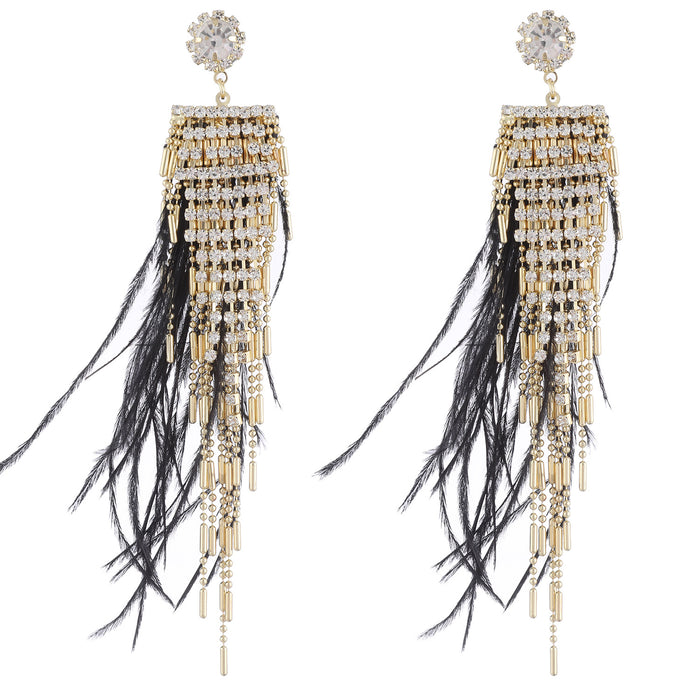 Black Ostrich Feather Rhinestone Earrings - Trendy Long Tassel Jewelry for Women