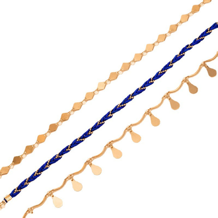 Ethnic Blue Braided Triple Layer Anklet with Diamond Water Drop Pendant