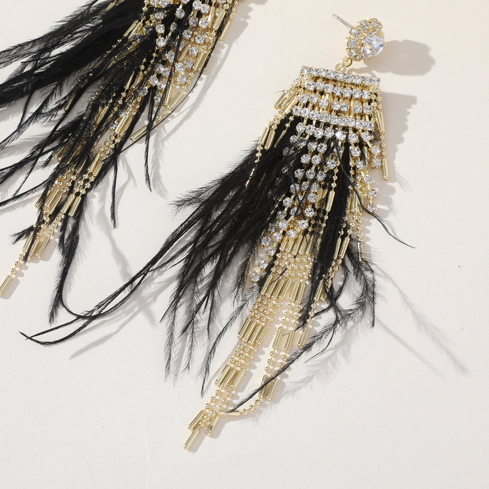 Black Ostrich Feather Rhinestone Earrings - Trendy Long Tassel Jewelry for Women