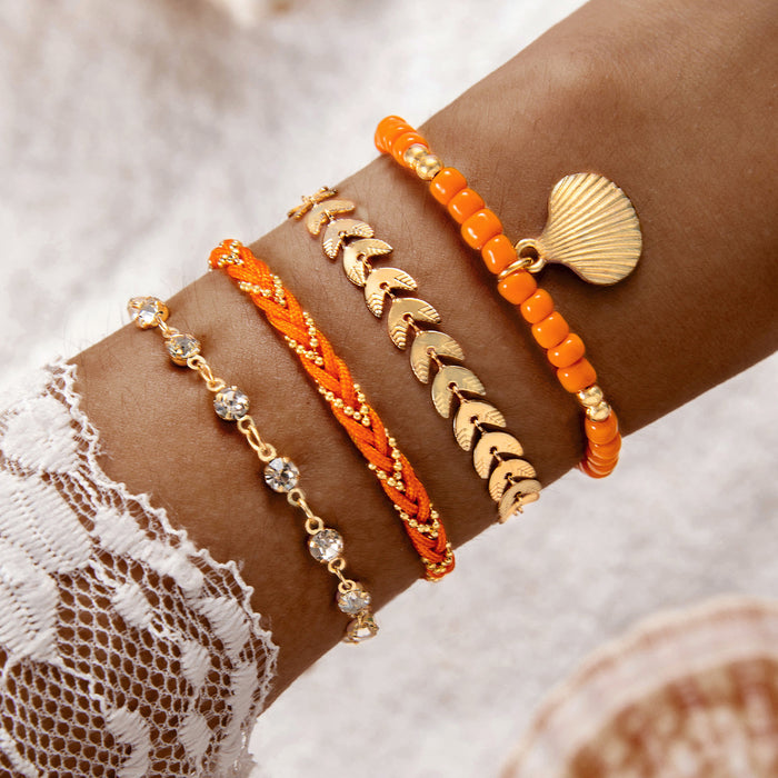 Bohemian Bead and Shell Bracelet Set - Four-Piece Ethnic Jewelry