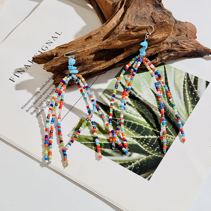 Bohemian Beaded Tassel Earrings Blue Gravel Design Earrings