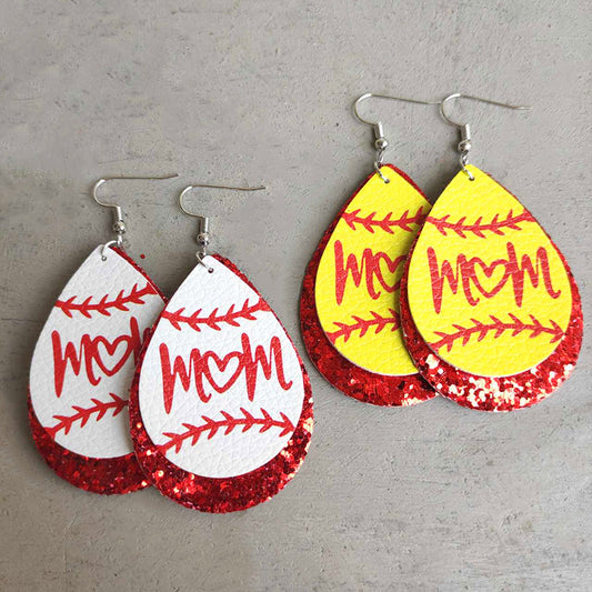 Heart Letter Baseball Mom Leather Earrings for Mother's Day Gift