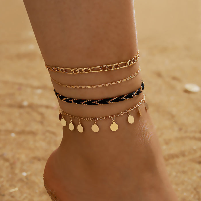 Creative Metal Chain Round Pendant Tassel Rope Anklet Four-Piece Set