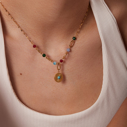 18K Gold-Plated Stainless Steel Necklace with Turquoise Pendant - Stylish Titanium Steel Jewelry with Colorful Beads