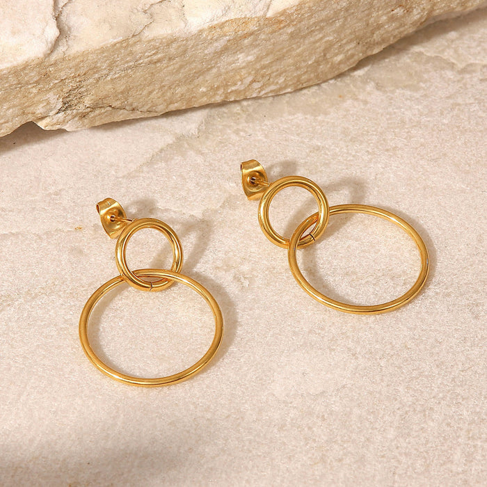 Pendientes de acero de titanio para mujer - Pendientes de doble aro geométricos de acero inoxidable en oro de 18 quilates