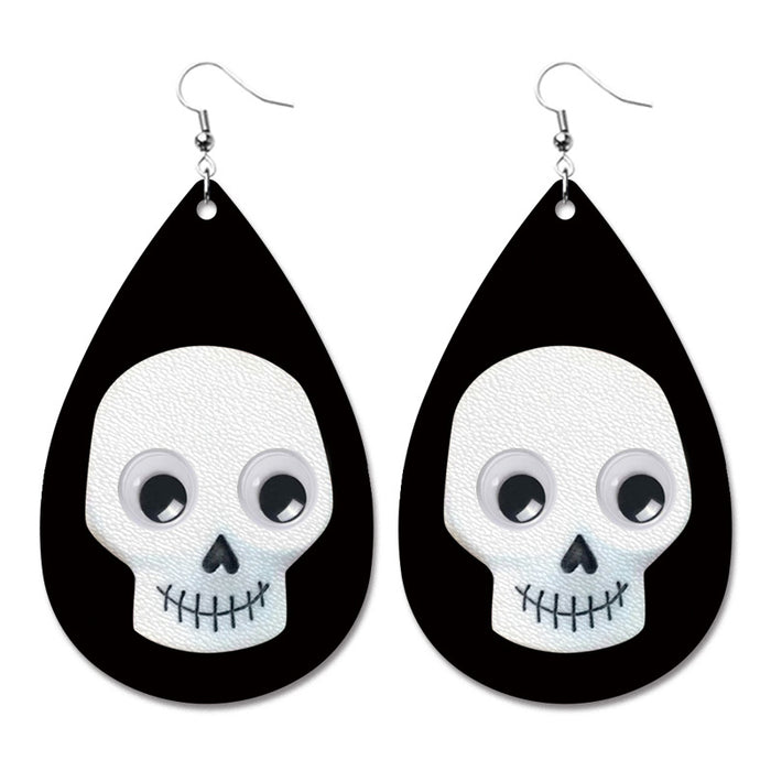 Halloween PU Leather Earrings with Blue Moon and Black Cat Design