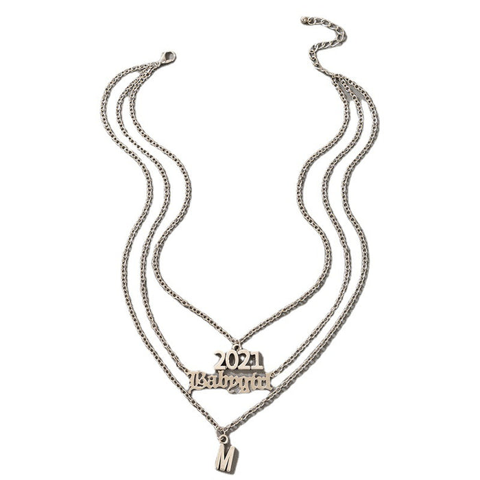 2021 Digital Alloy Three-Layer Necklace with Letter Silver Multi-Layer Clavicle Chain